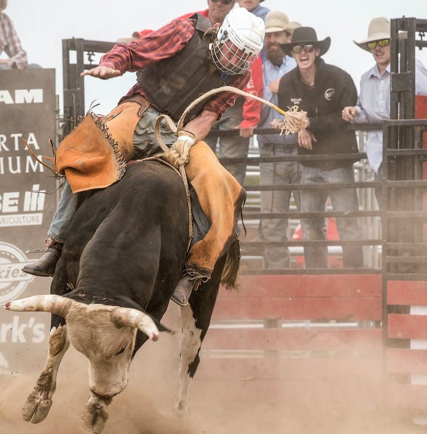 cowboy riding a bull during a rodeo event