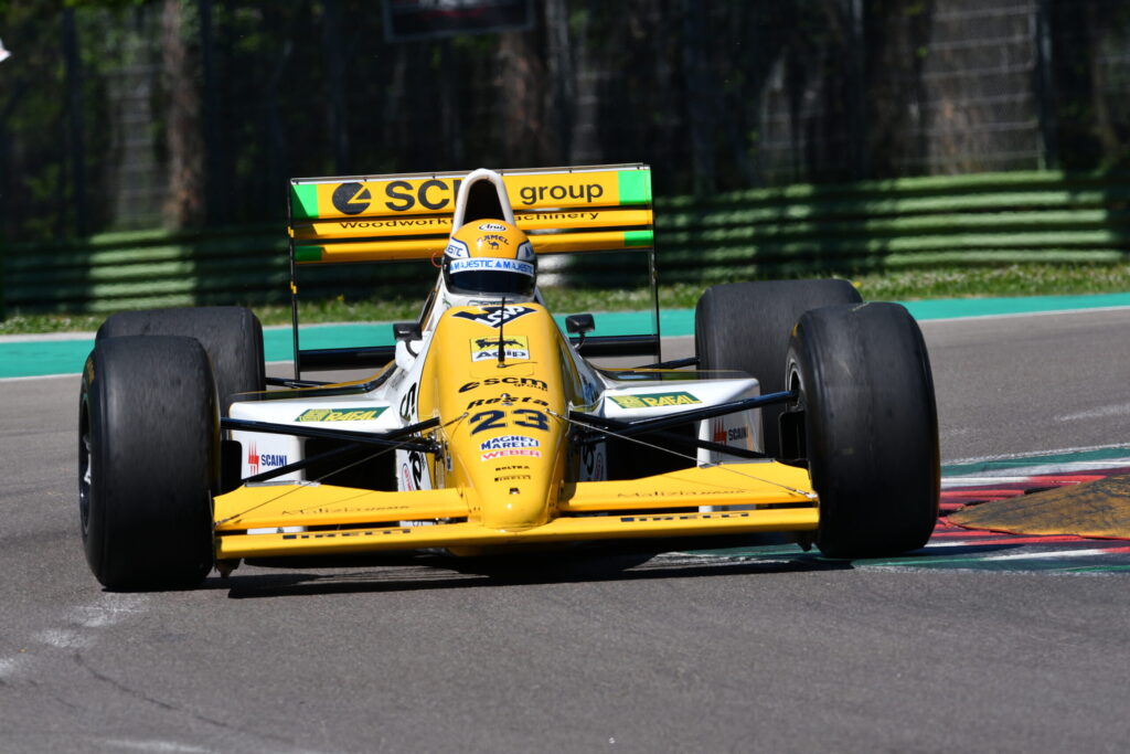 mola, 27 April 2019: Pierlugi Martini run with Historic 1989s Minardi F1 Model M189 in action during Minardi Historic Day 2019 into the Imola Circuit in italy.